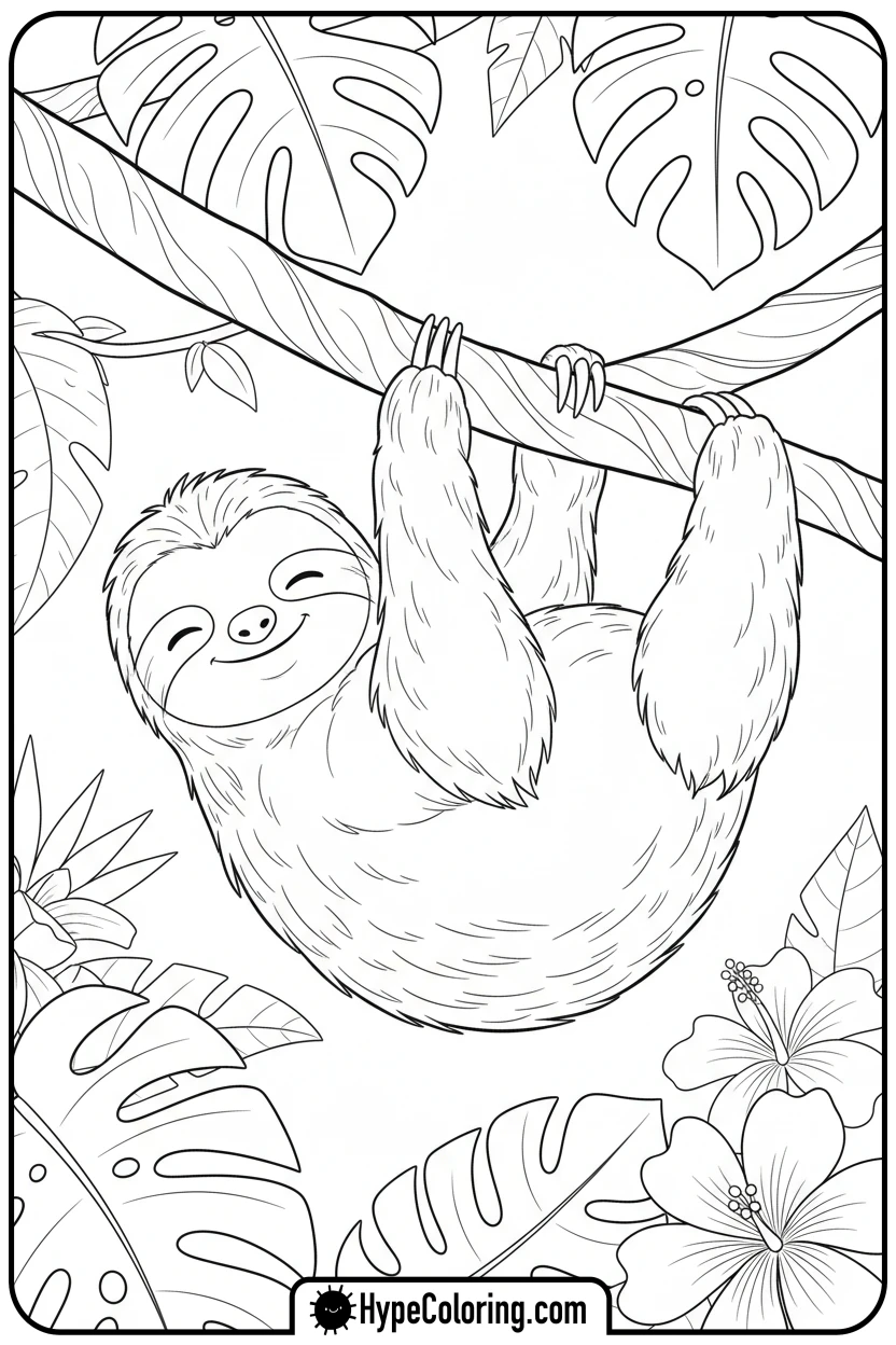 sloth-hanging-from-vine - cute animals coloring pages