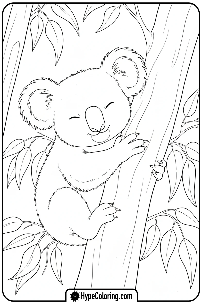 koala-hugging-tree - cute animals coloring pages