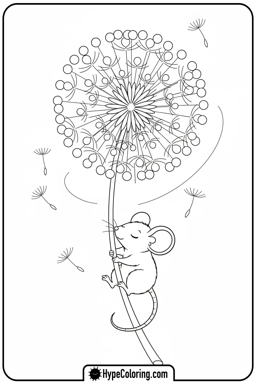 mouse-riding-dandelion - cute animals coloring pages
