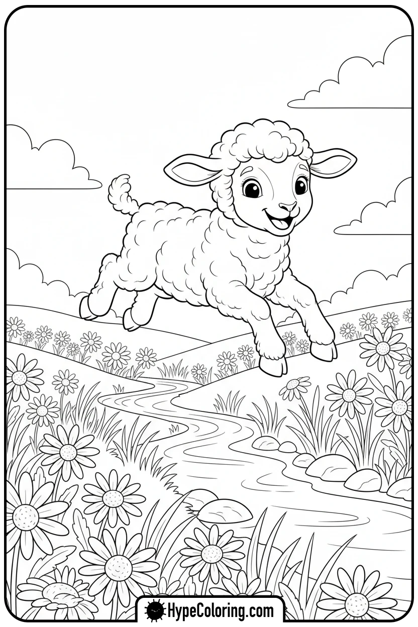 lamb-jumping-over-stream - cute animals coloring pages