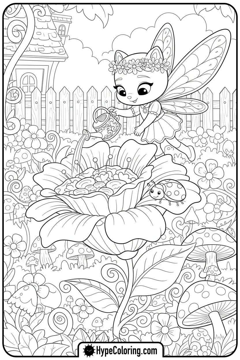 kitty-fairy-watering-flower - gabby dollhouse coloring pages