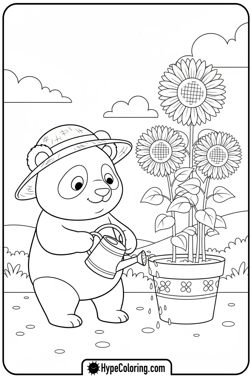 panda-gardening-sunflowers - panda coloring pages