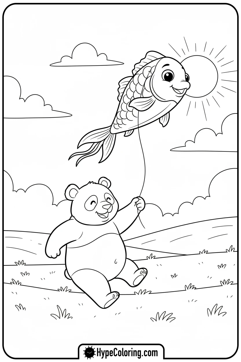panda-flying-a-kite - panda coloring pages