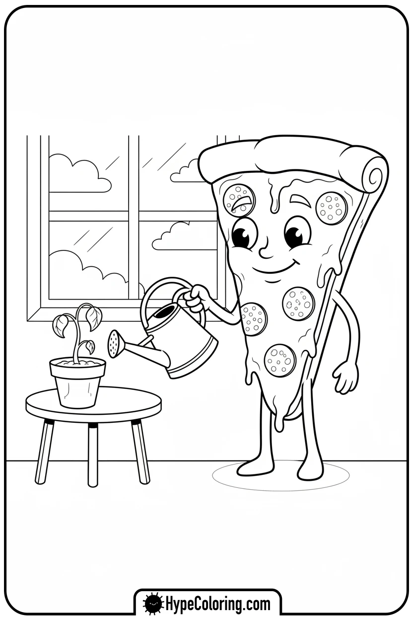 pizza-watering-plant - pizza coloring pages
