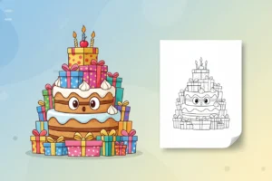 a-surprised-birthday-cake-character - birthday cake coloring page