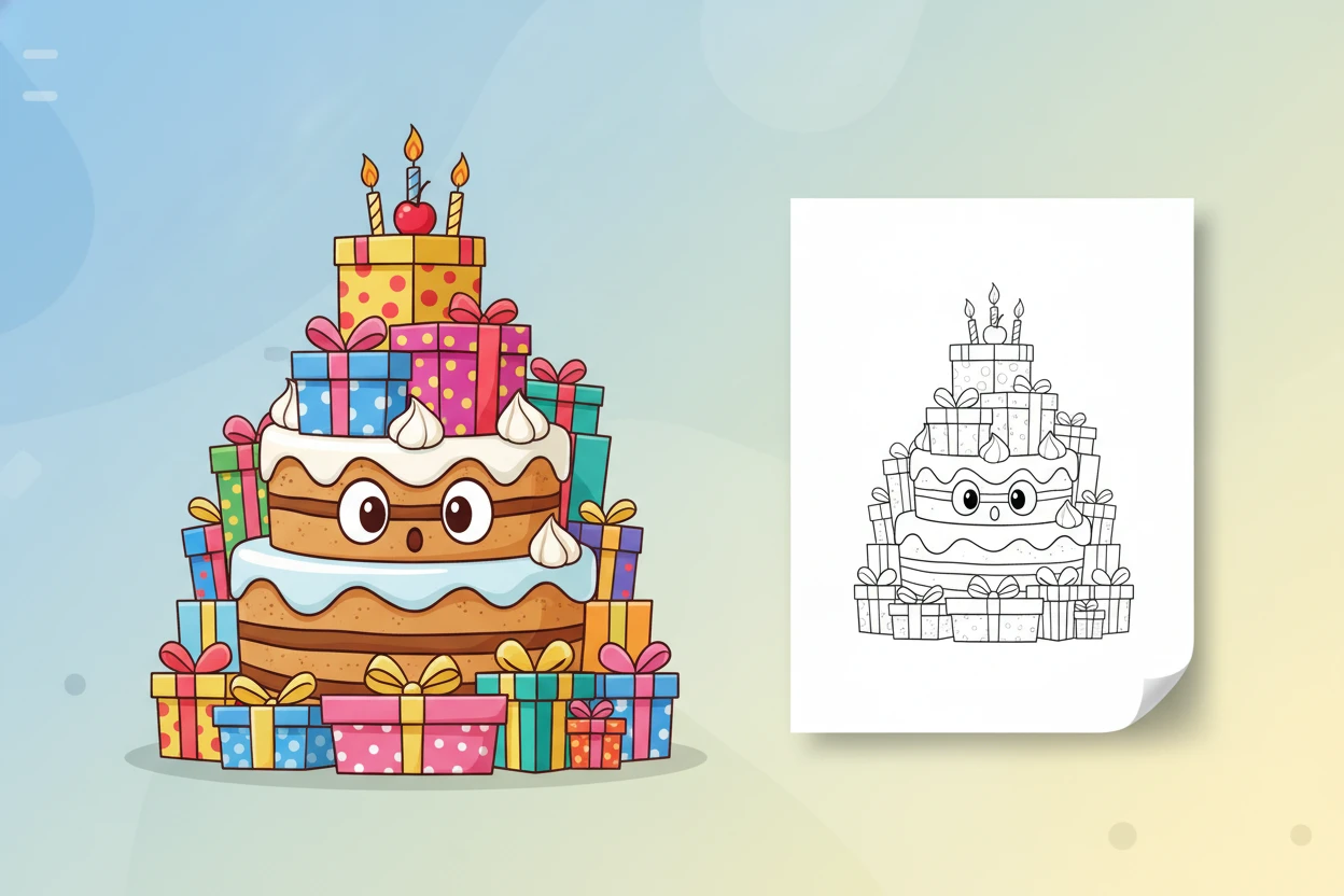 a-surprised-birthday-cake-character - birthday cake coloring page