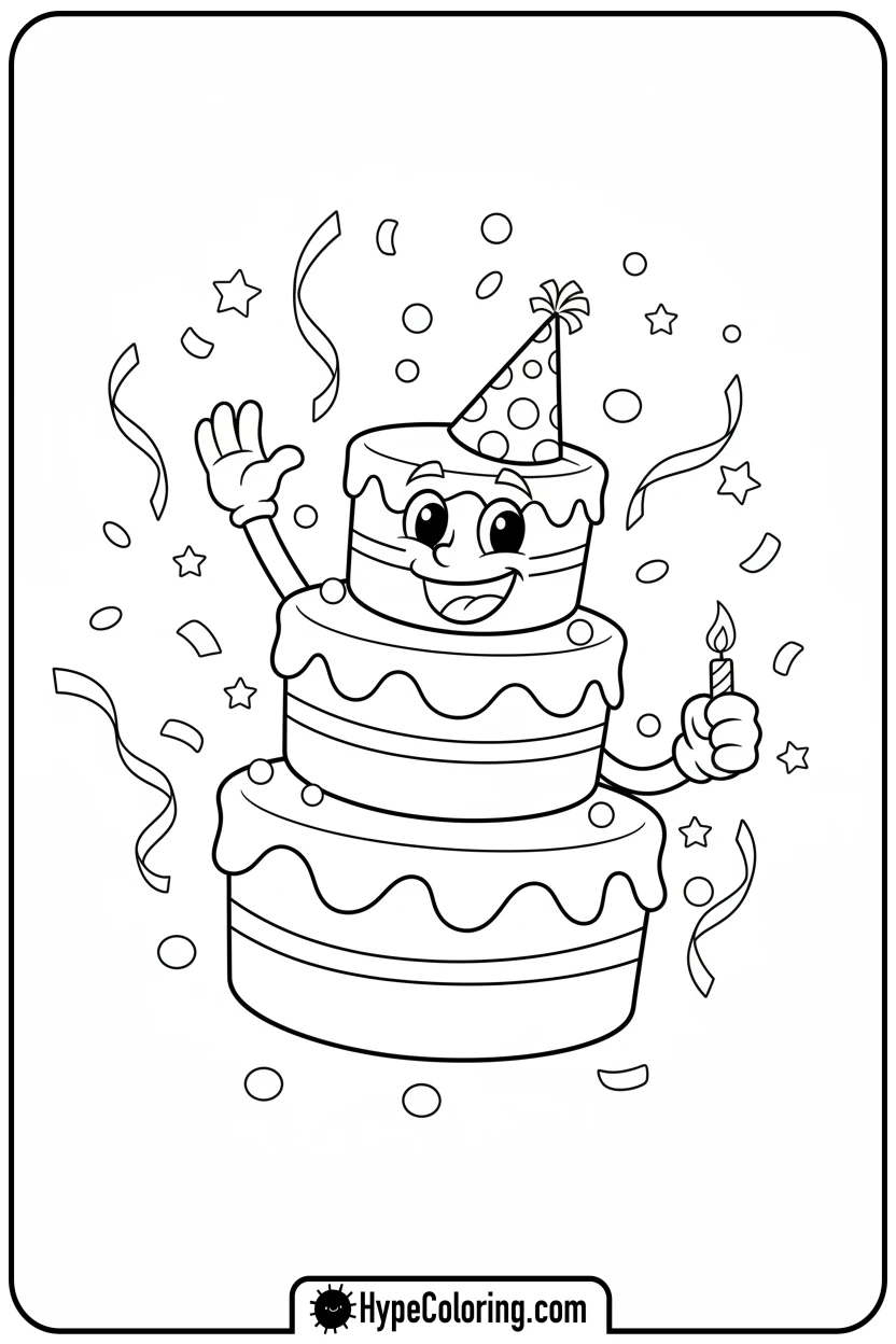 smiling-birthday-cake-waving - birthday cake coloring page