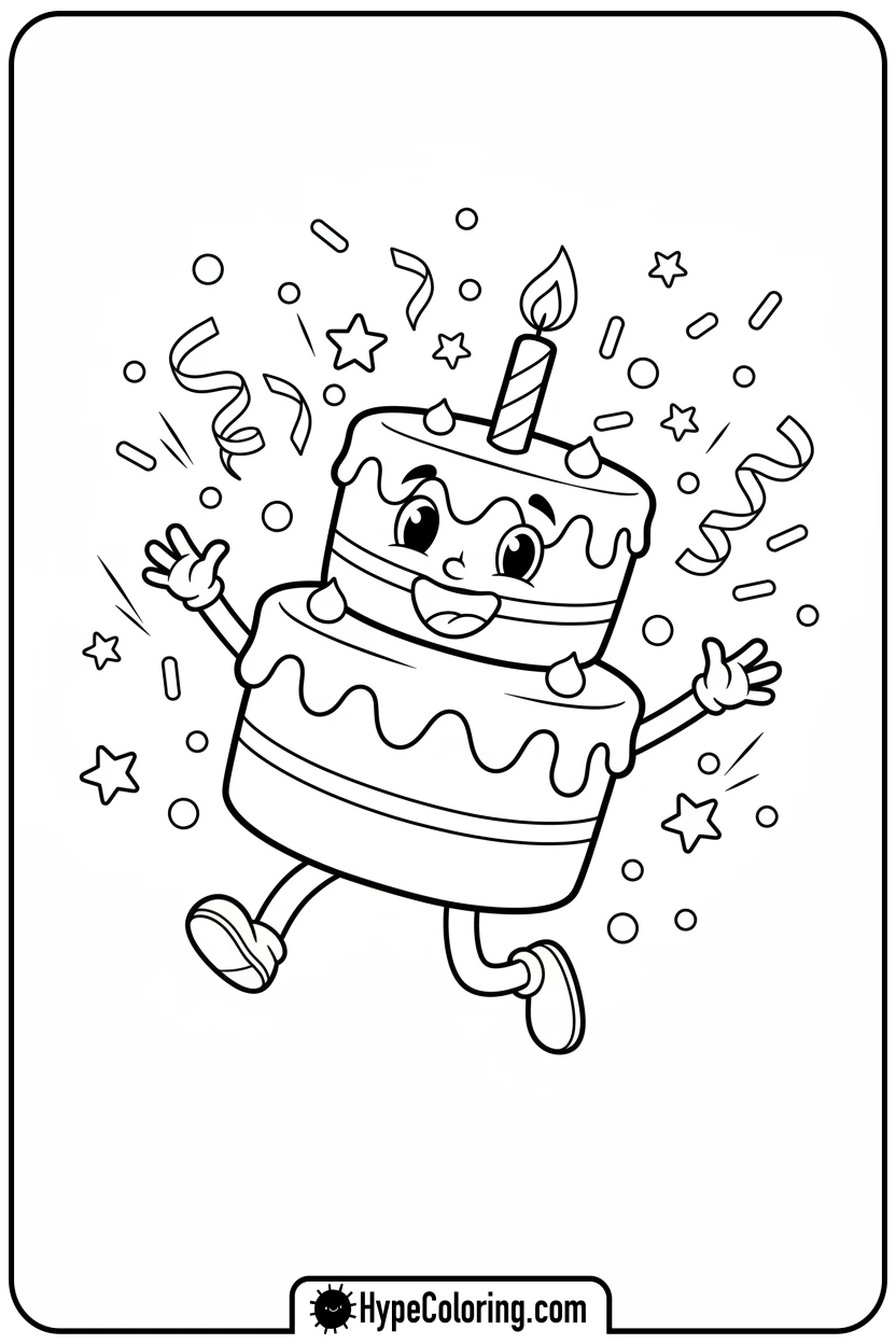 jumping-birthday-cake-with-confetti - birthday cake coloring page
