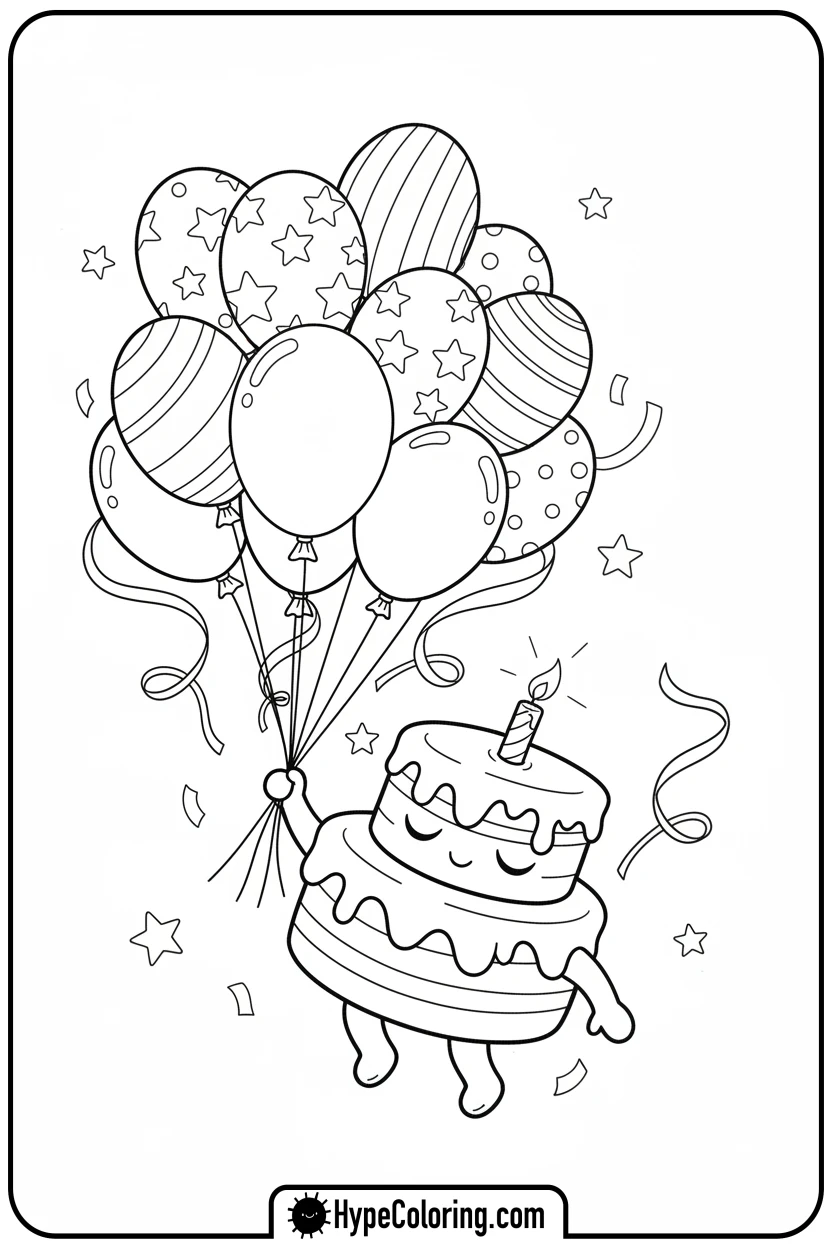 birthday-cake-holding-balloons - birthday cake coloring page