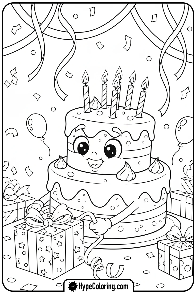birthday-cake-opening-gift - birthday cake coloring page