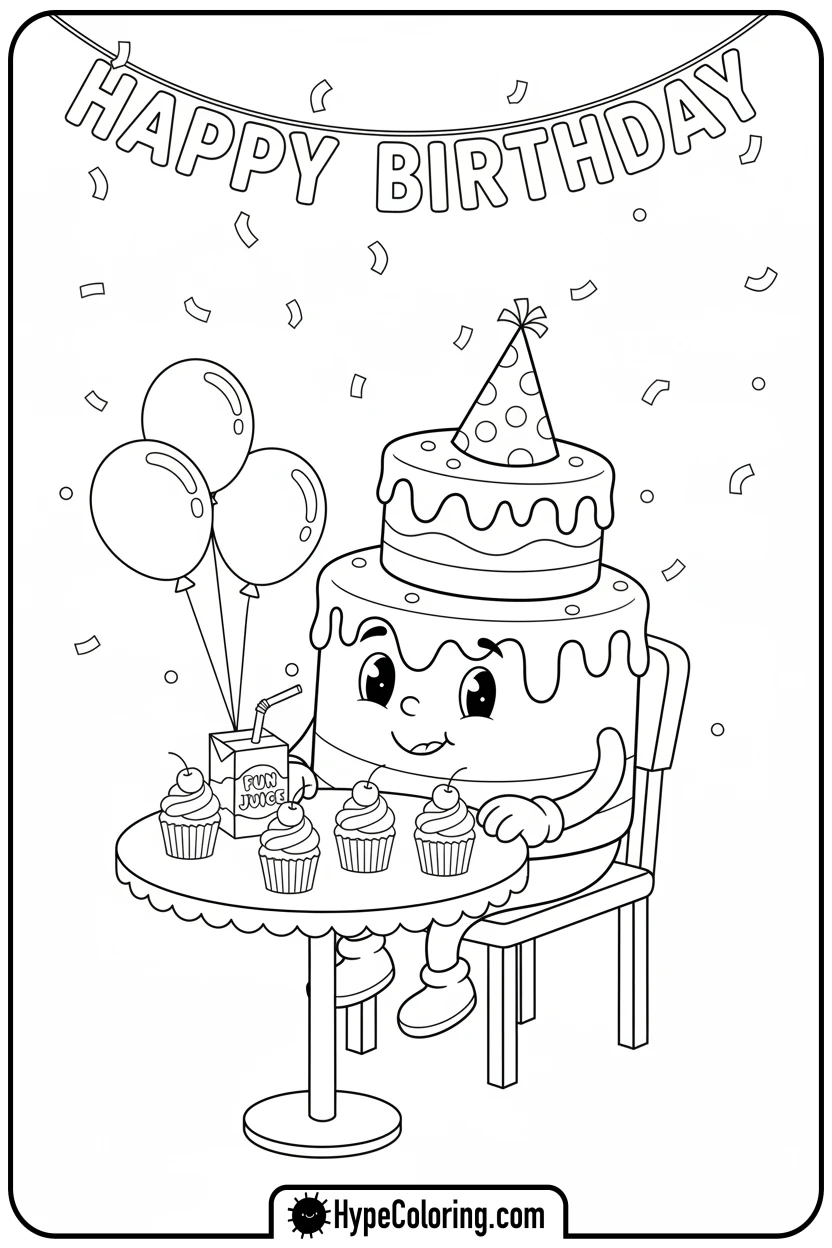 birthday-cake-at-party-table - birthday cake coloring page
