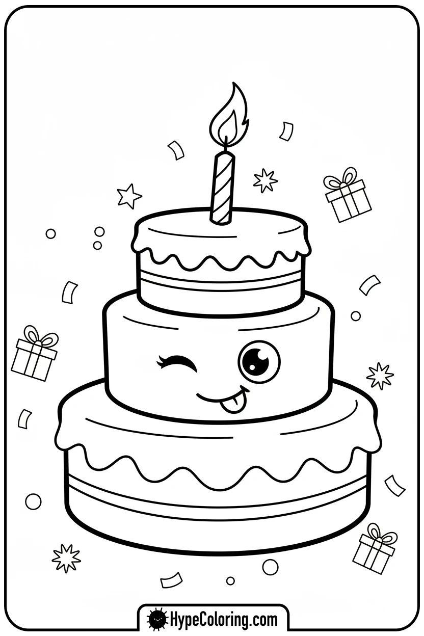 winking-birthday-cake - birthday cake coloring page