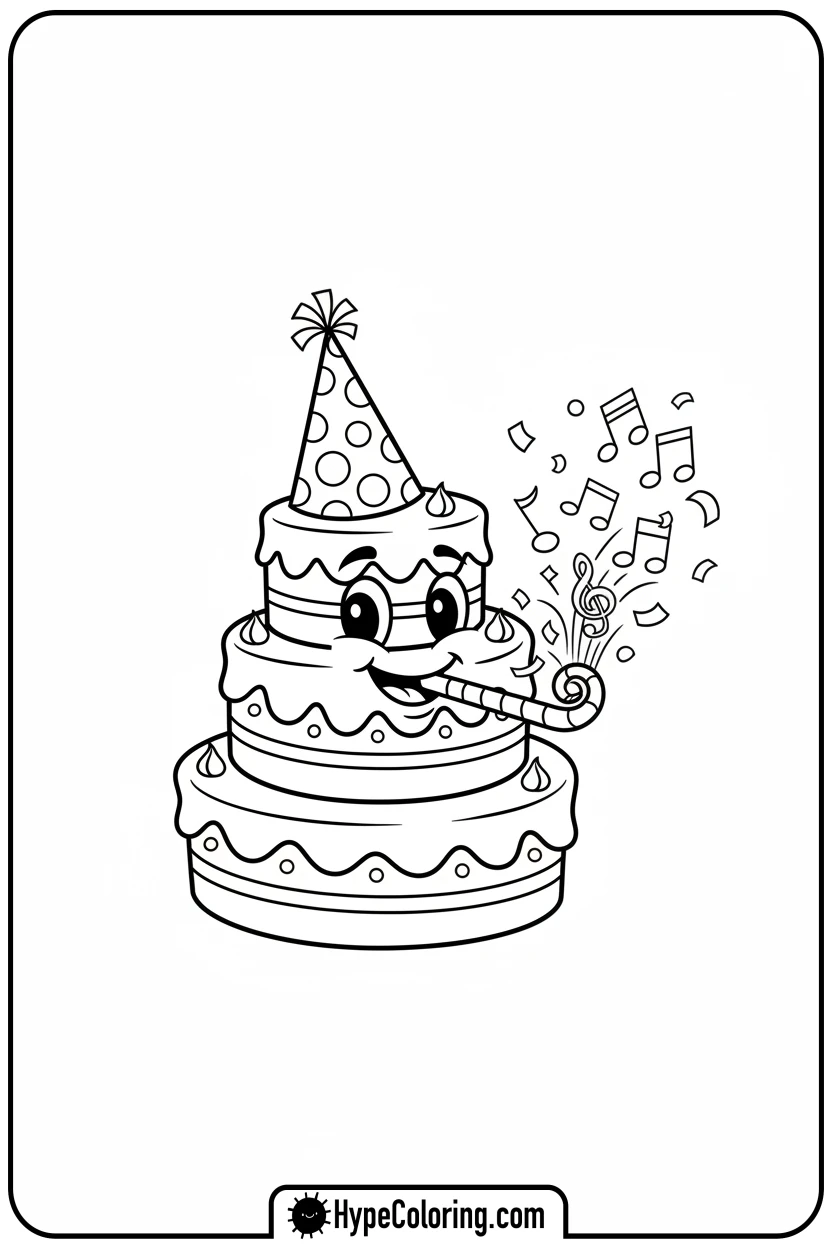 birthday-cake-in-party-hat - birthday cake coloring page