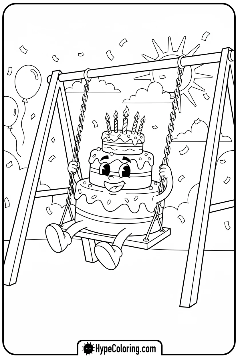 birthday-cake-on-a-swing - birthday cake coloring page