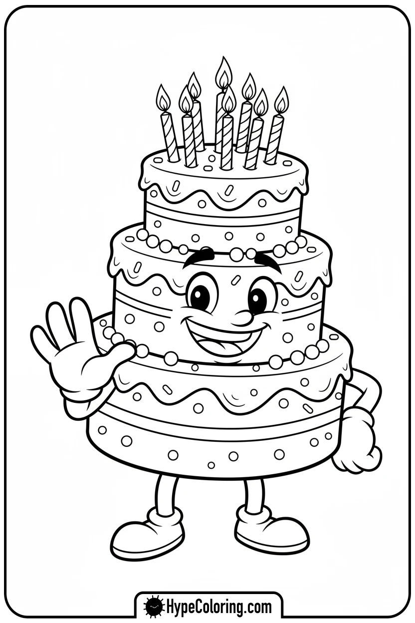 birthday-cake-giving-high-five - birthday cake coloring page