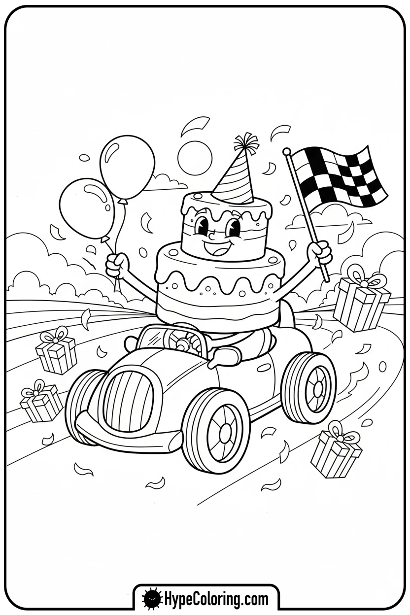 birthday-cake-driving-toy-car - birthday cake coloring page