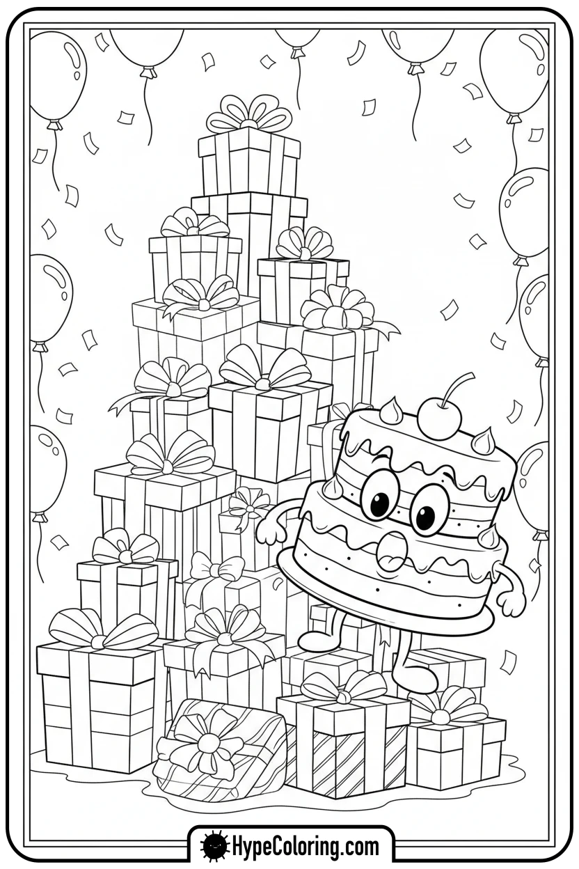 birthday-cake-peeking-from-gifts - birthday cake coloring page
