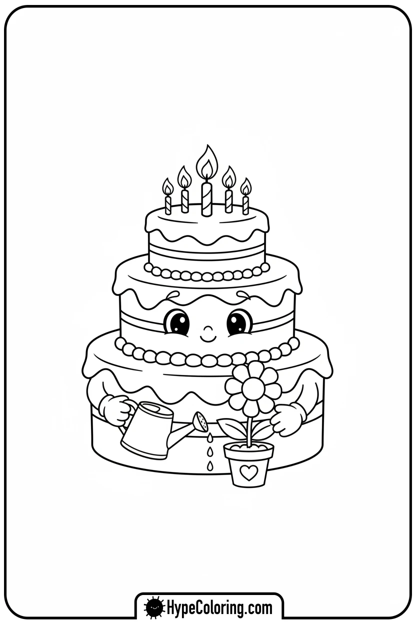 birthday-cake-watering-plant - birthday cake coloring page