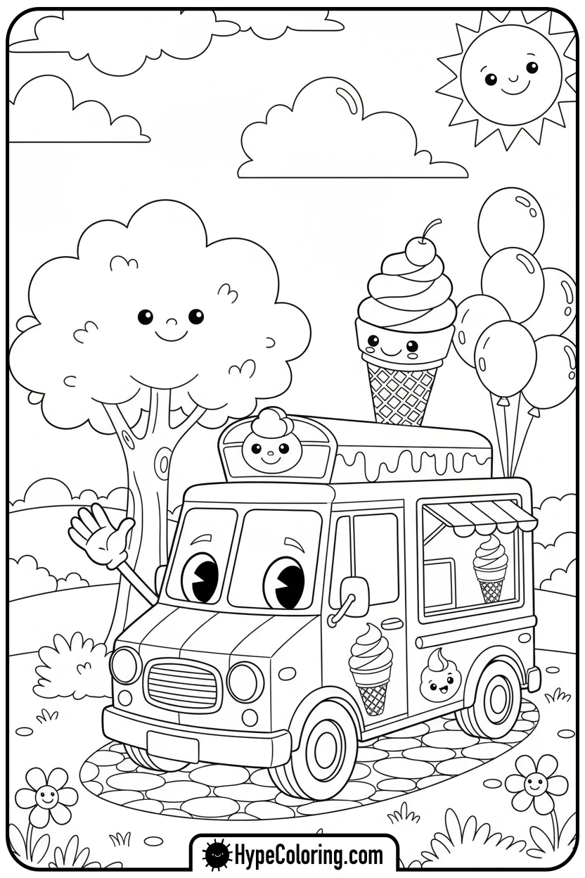 friendly-ice-cream-truck-with-balloons - coloring pages for ice cream