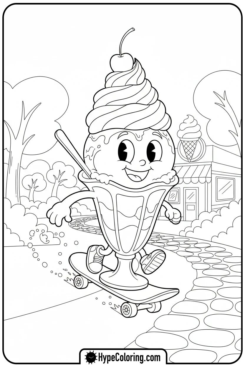 ice-cream-sundae-skateboarding - coloring pages for ice cream