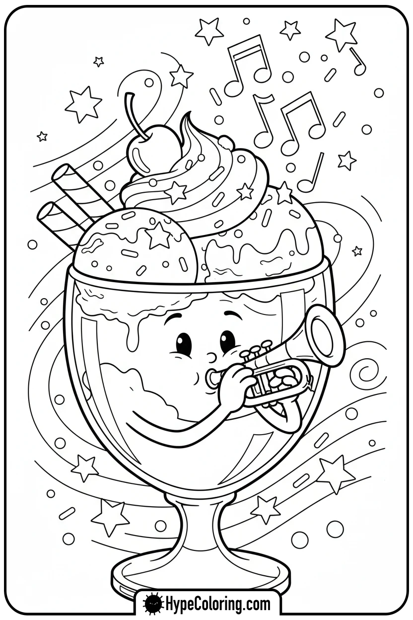 ice-cream-sundae-playing-trumpet - coloring pages for ice cream