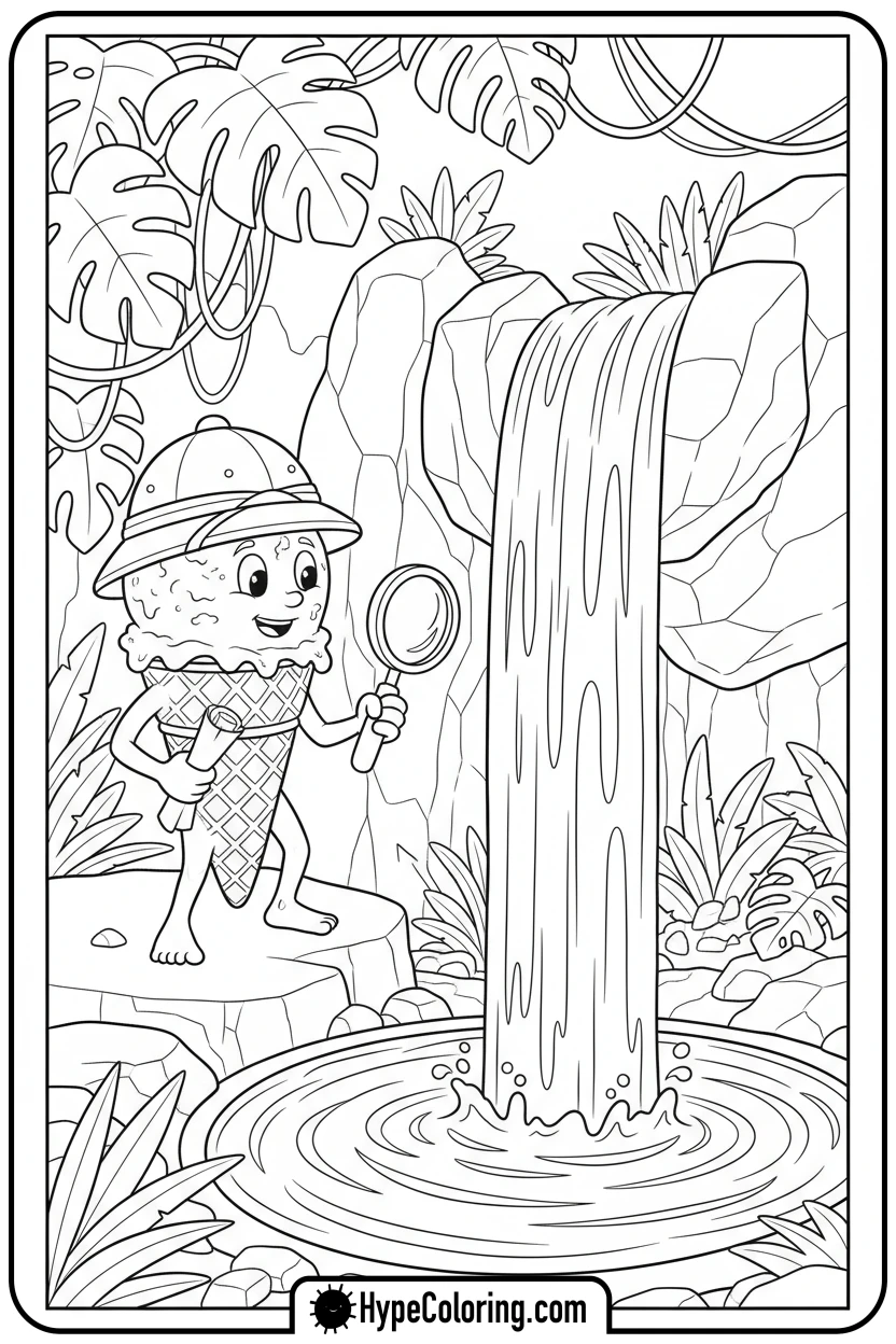 ice-cream-explorer-at-waterfall - coloring pages for ice cream