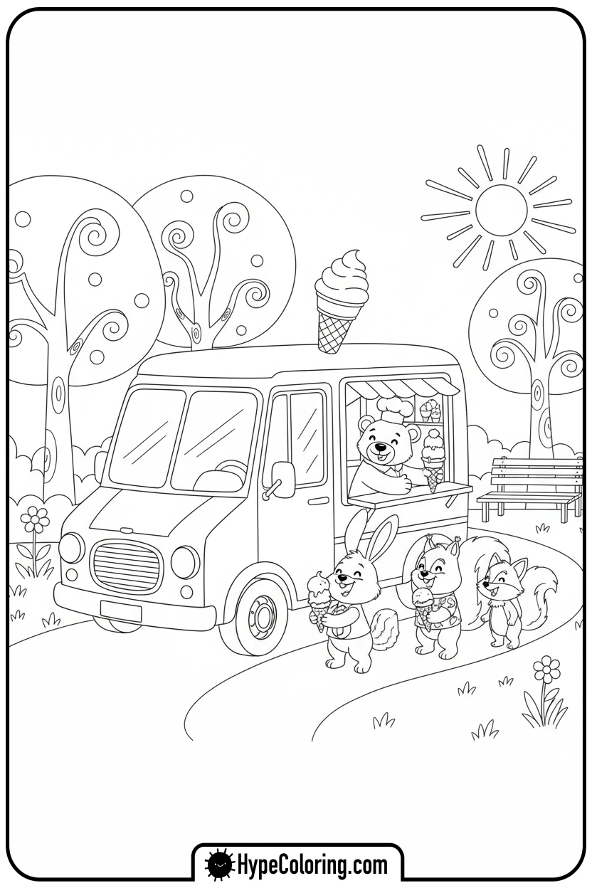 ice-cream-truck-serving-animals - coloring pages for ice cream
