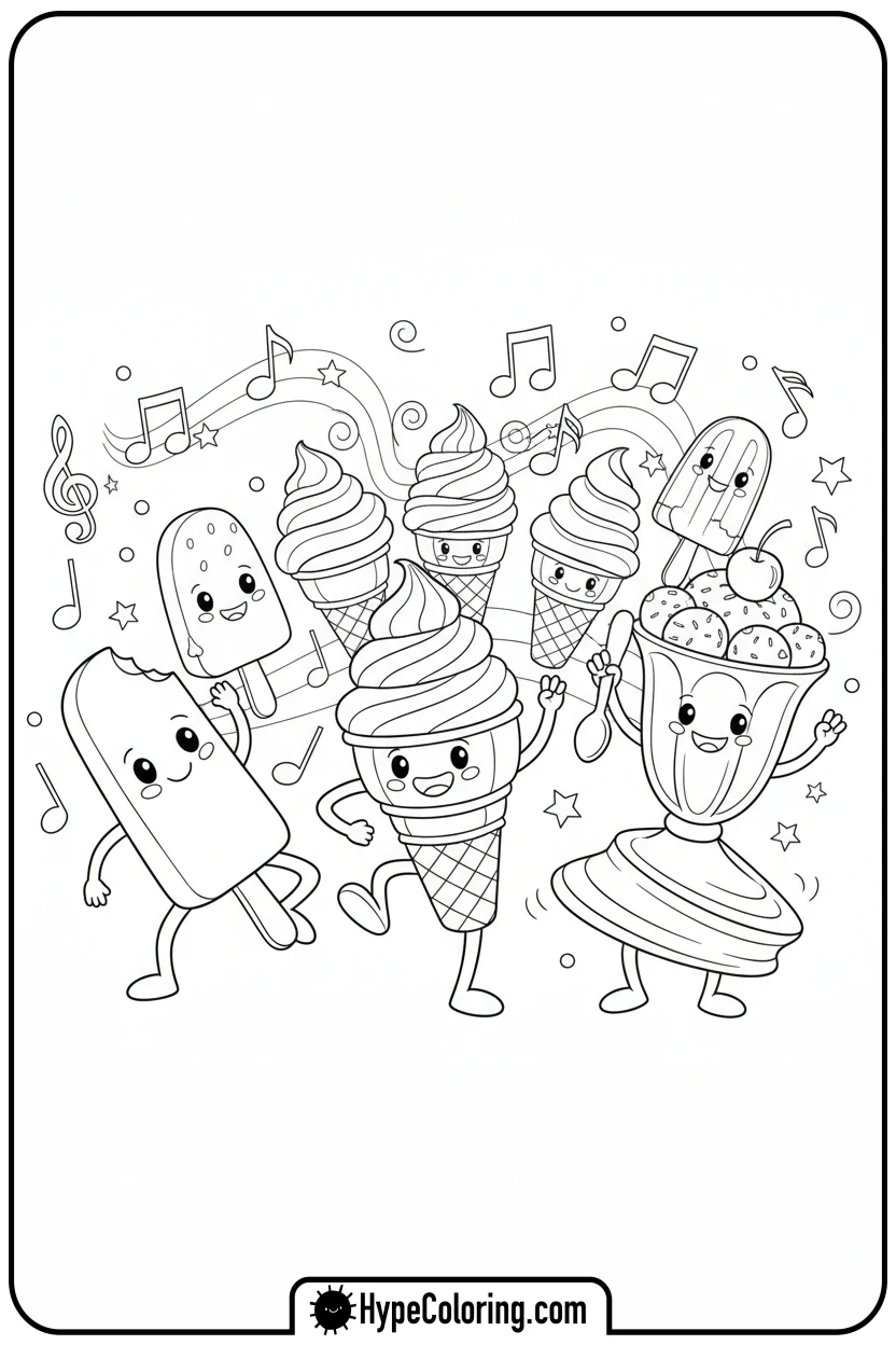ice-cream-treats-dancing-party - coloring pages for ice cream
