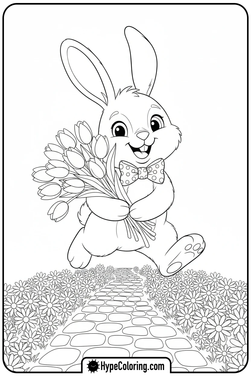 bunny-holding-tulips - free spring coloring pages