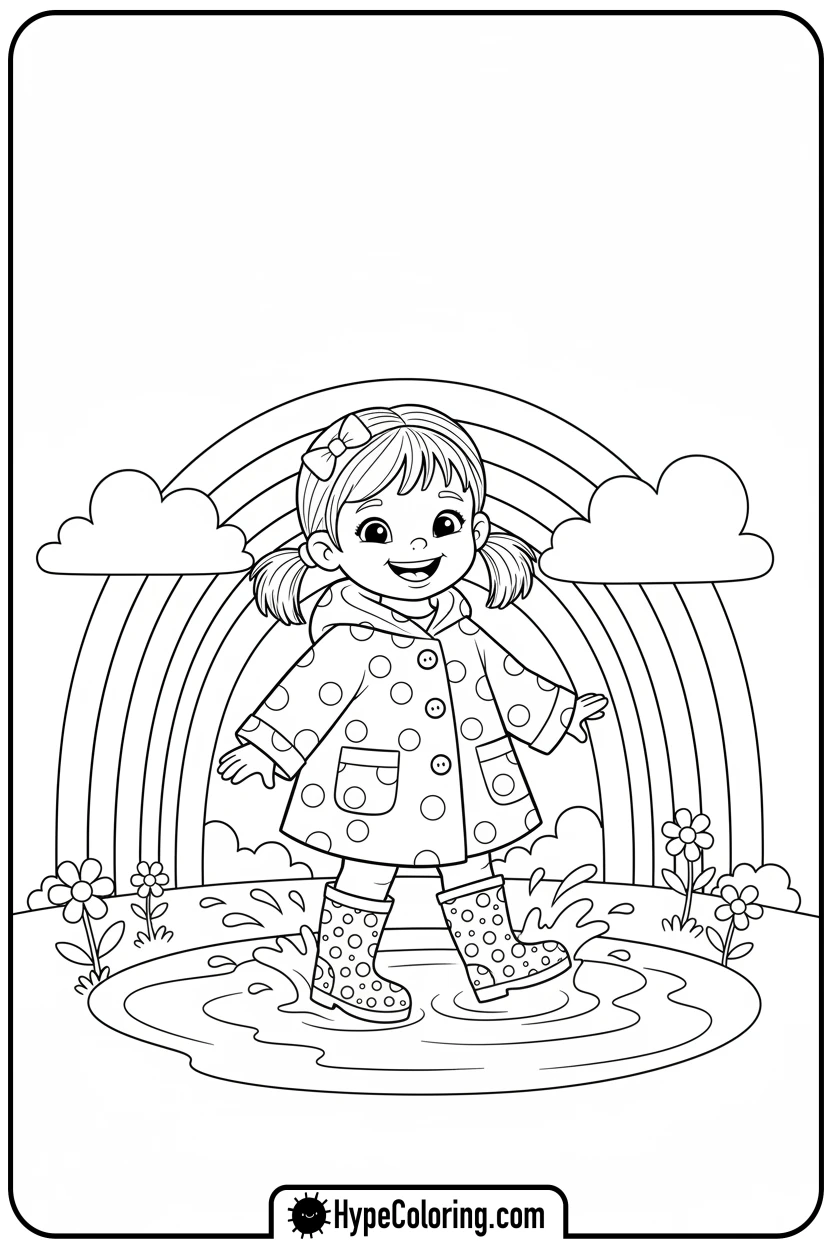 girl-splashing-in-puddle-with-rainbow - free spring coloring pages