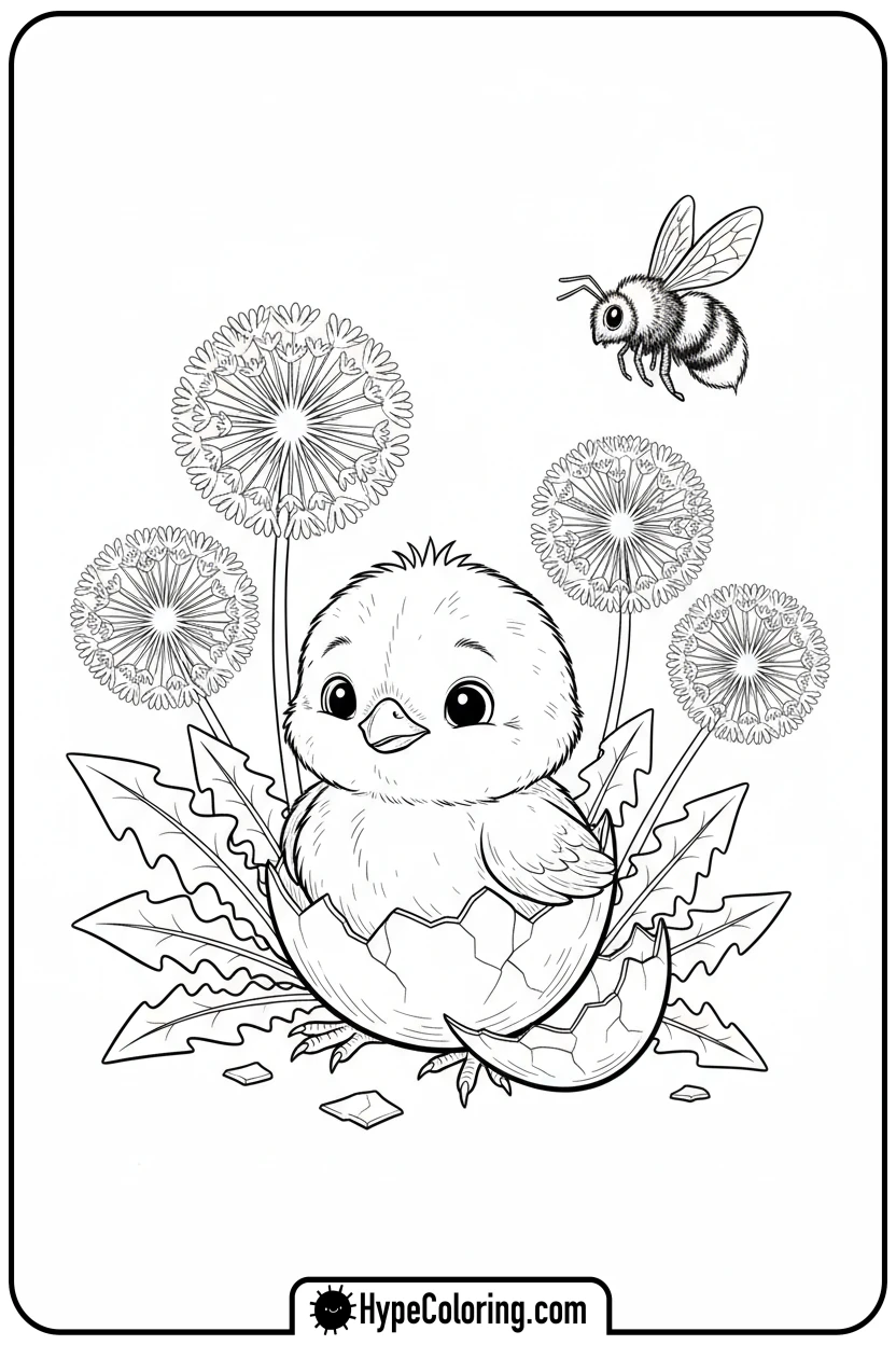 chick-hatching-with-dandelions - free spring coloring pages