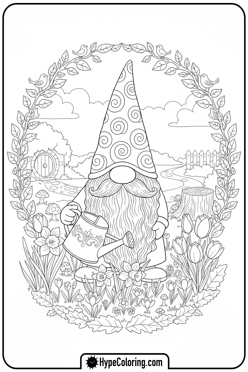 garden-gnome-watering-flowers - free spring coloring pages