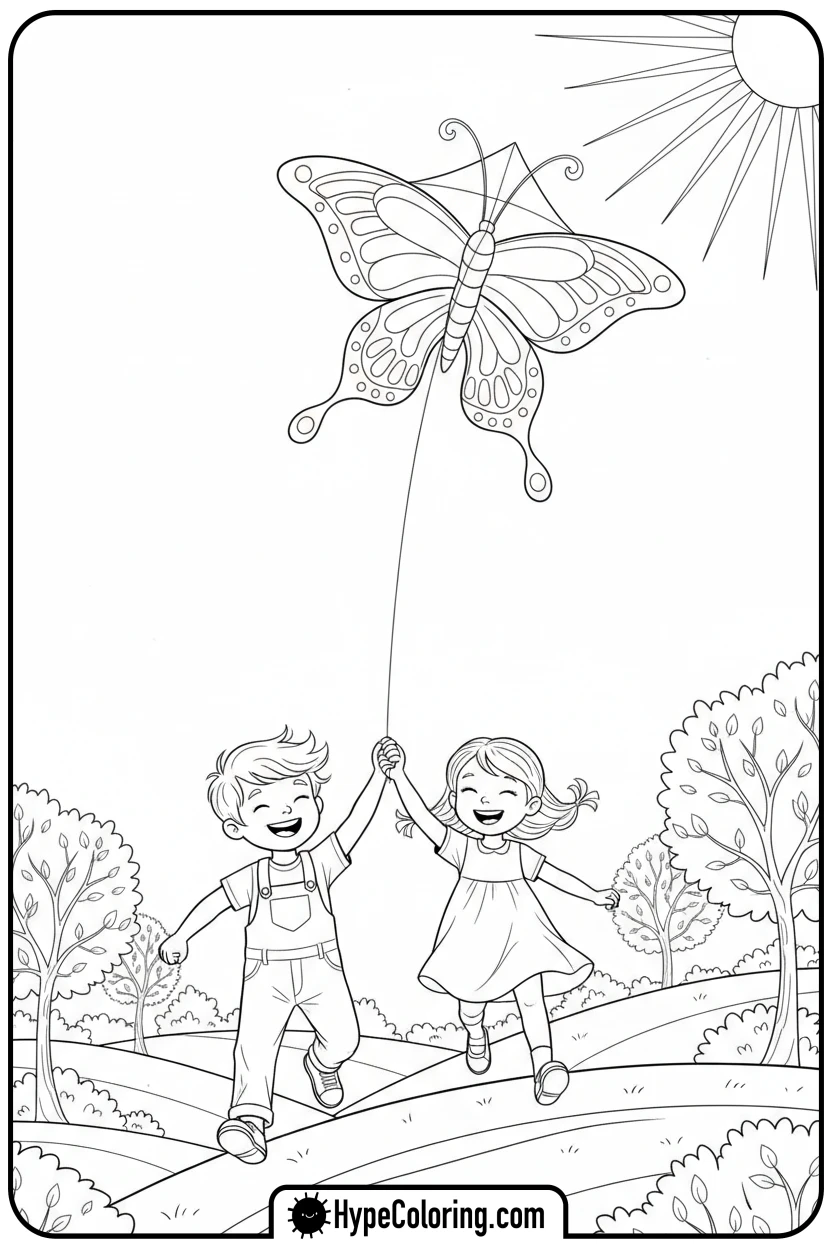 children-flying-butterfly-kite - free spring coloring pages