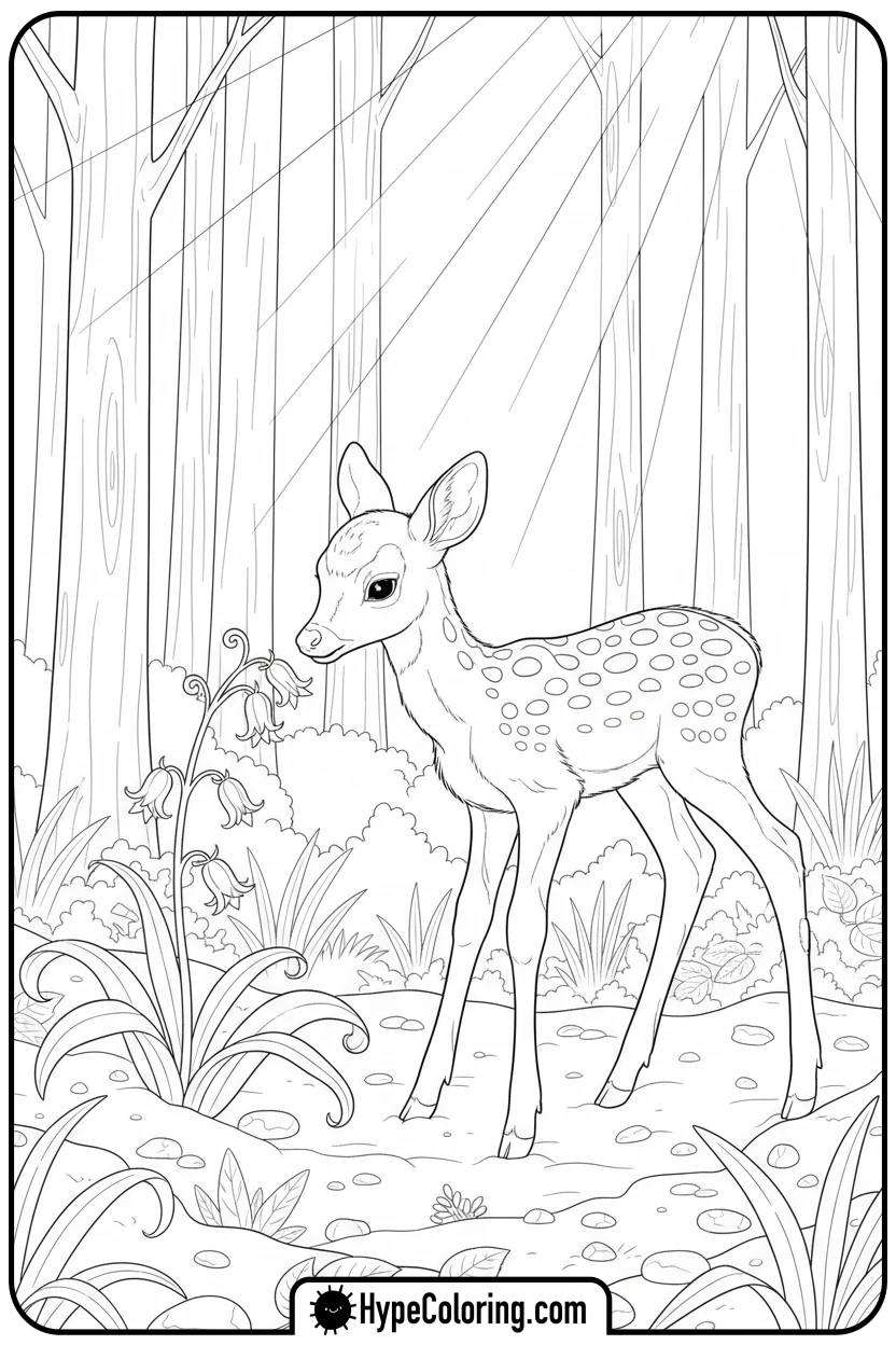 fawn-sniffing-bluebells - free spring coloring pages
