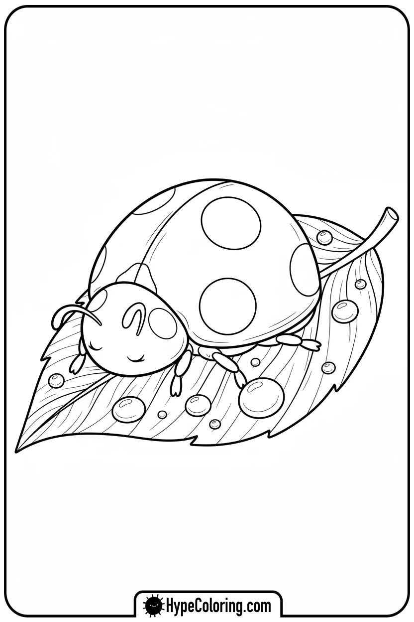 ladybug-on-a-dew-kissed-leaf - free spring coloring pages