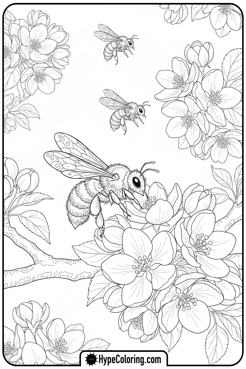 bee-collecting-nectar-from-apple-blossoms - free spring coloring pages