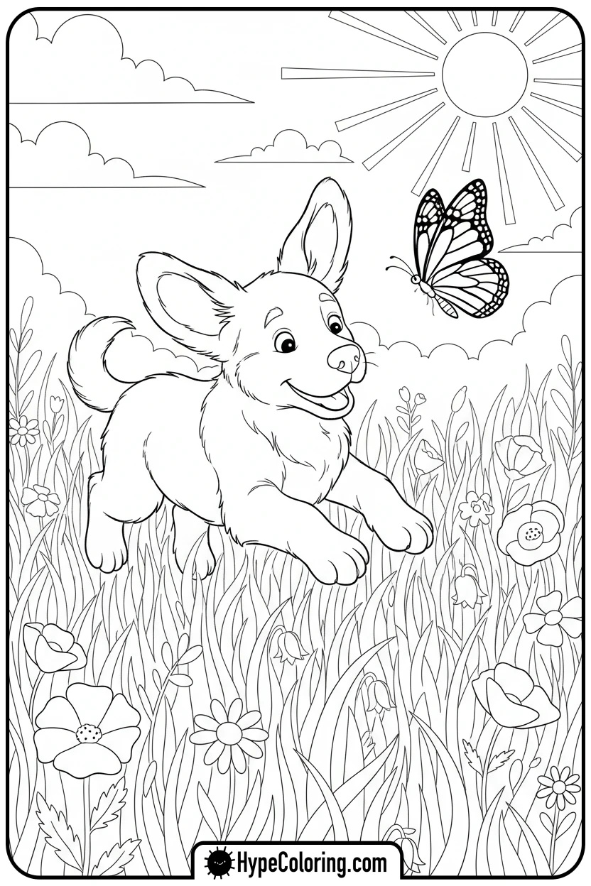 puppy-chasing-butterfly - free spring coloring pages
