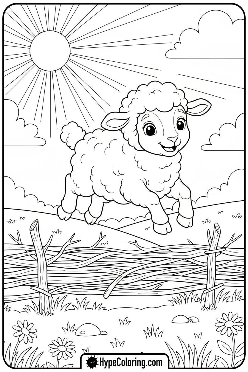 lamb-jumping-over-fence - free spring coloring pages