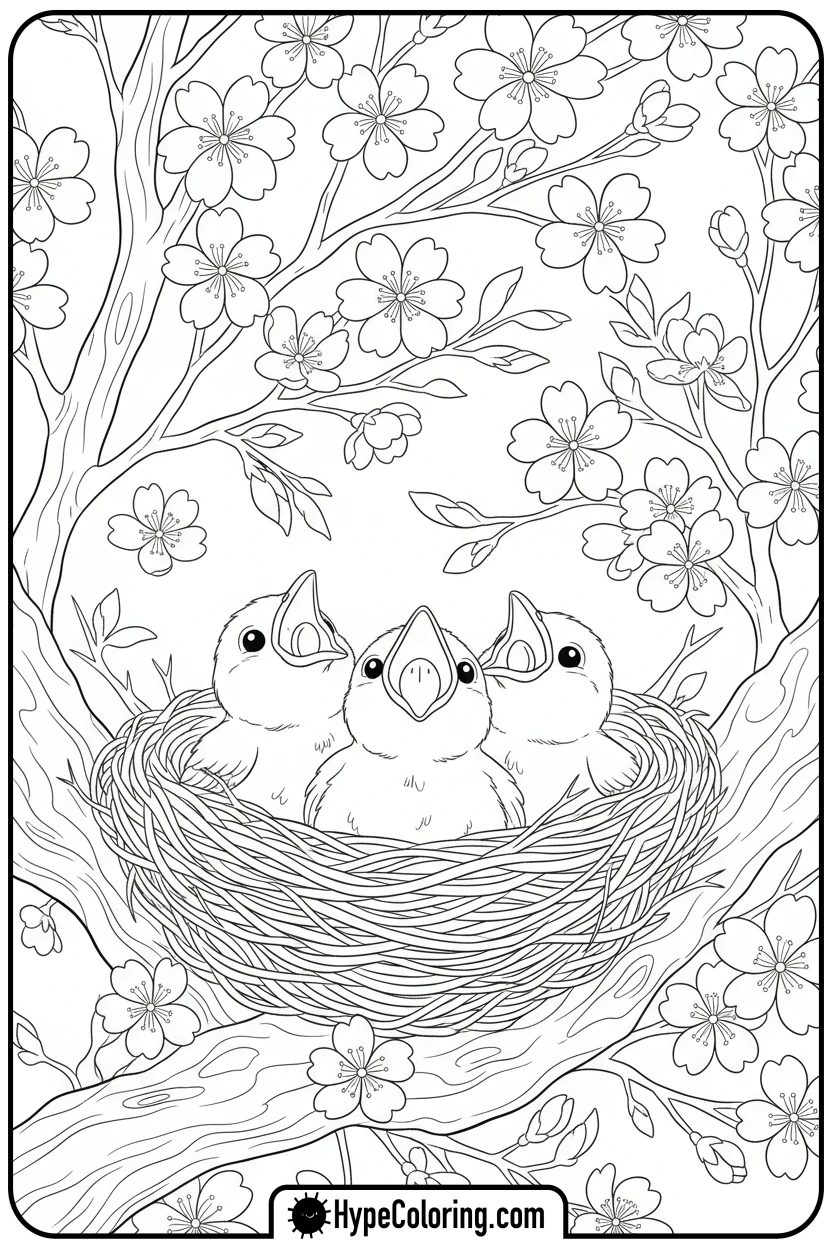 baby-birds-in-nest-with-cherry-blossoms - free spring coloring pages
