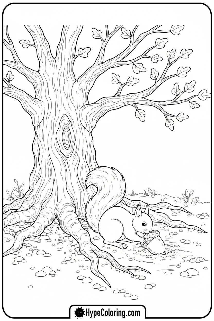 squirrel-burying-acorn-by-oak-tree - free spring coloring pages