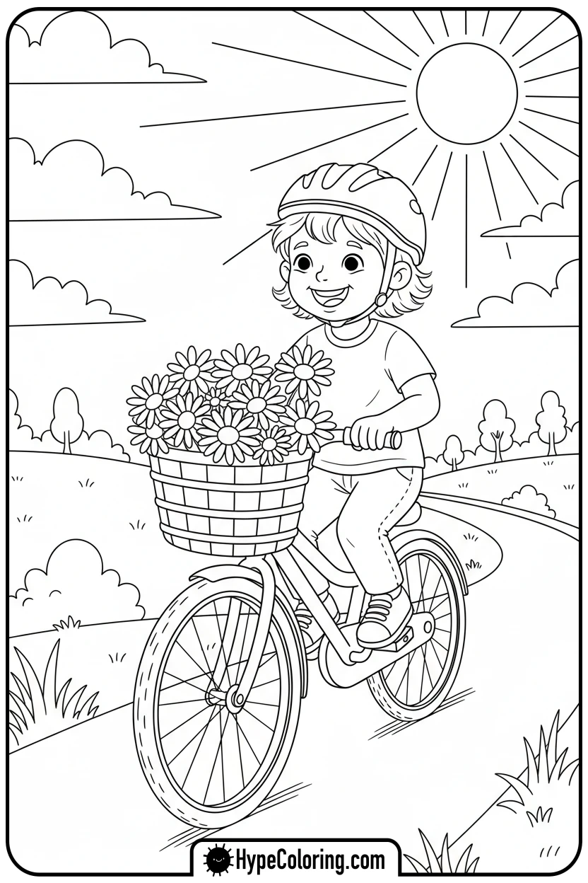 child-riding-bike-with-daisy-basket - free spring coloring pages