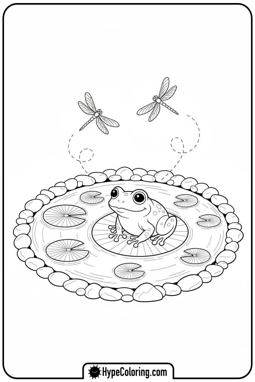frog-on-lily-pad-with-dragonflies - free spring coloring pages