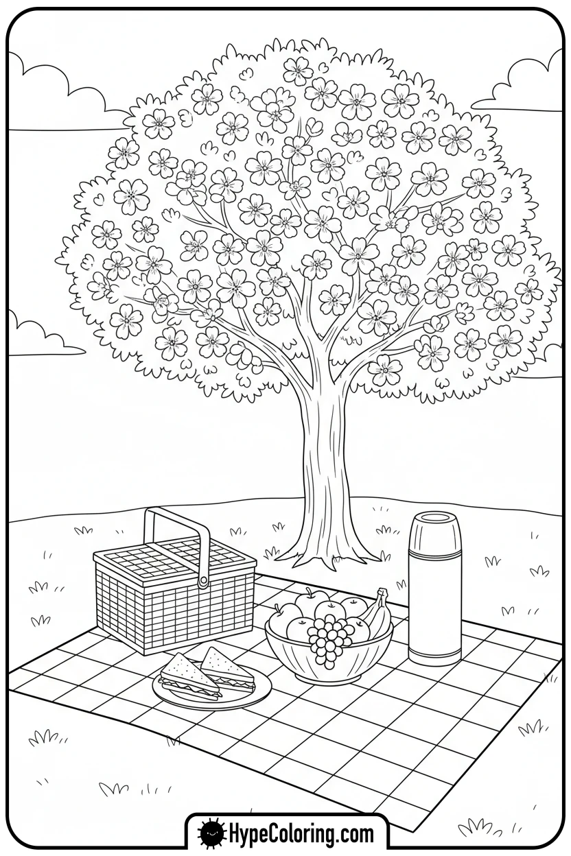 picnic-under-blossoming-tree - free spring coloring pages