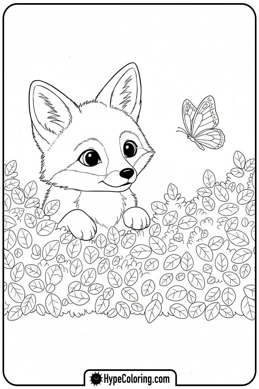 fox-kit-peeking-from-bush - free spring coloring pages