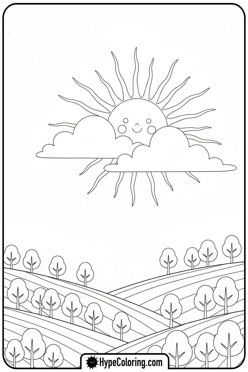 smiling-sun-over-spring-hills - free spring coloring pages