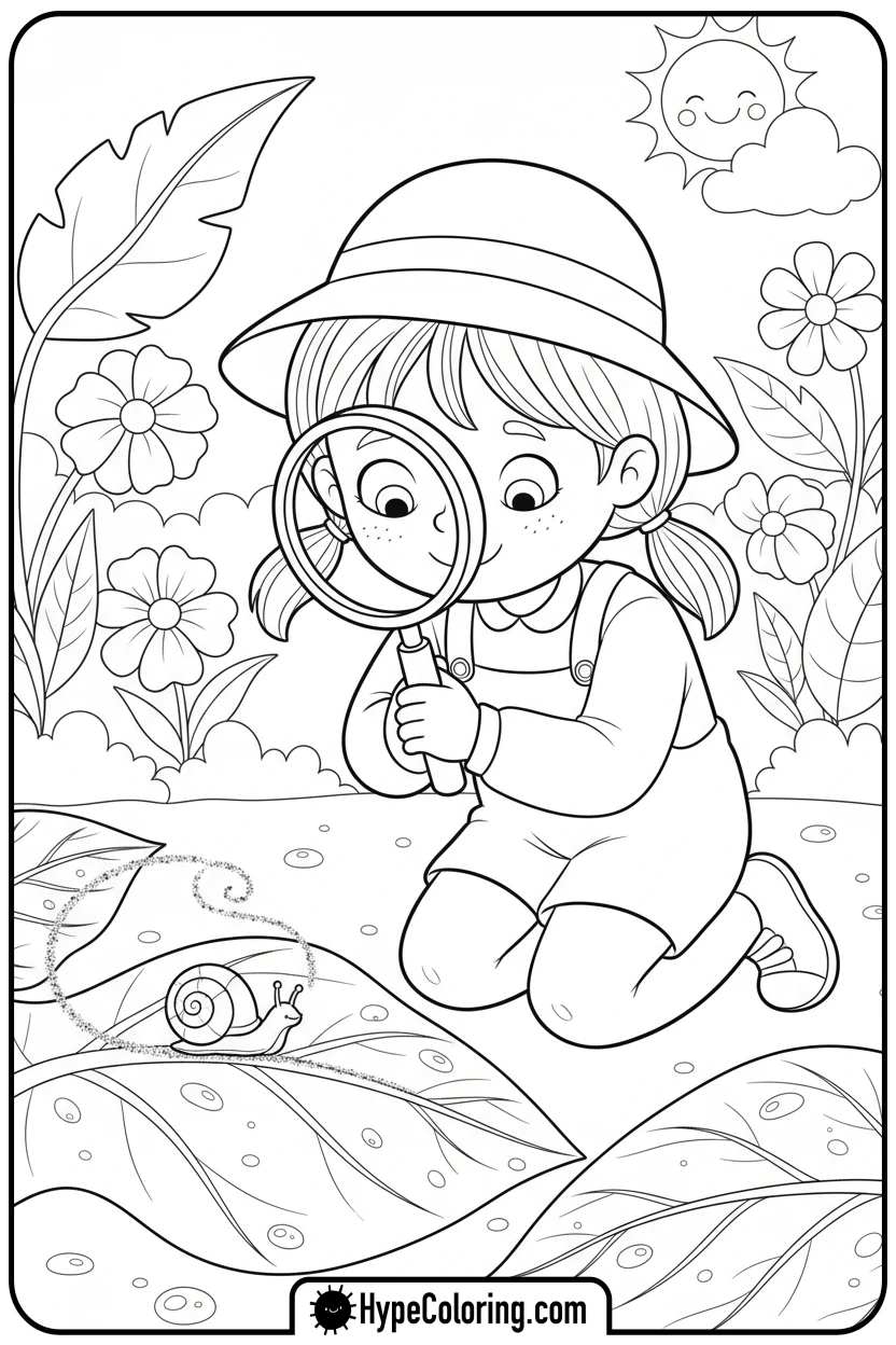 girl-examining-snail-with-magnifying-glass - free spring coloring pages