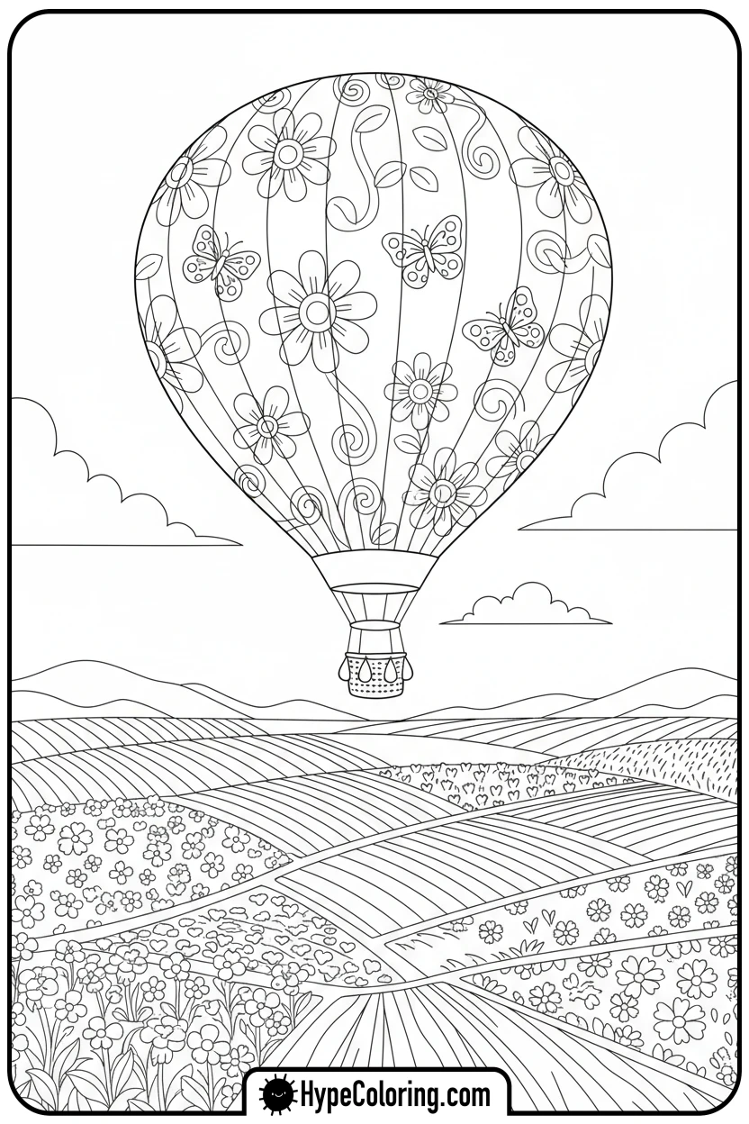 floral-hot-air-balloon-over-fields - free spring coloring pages