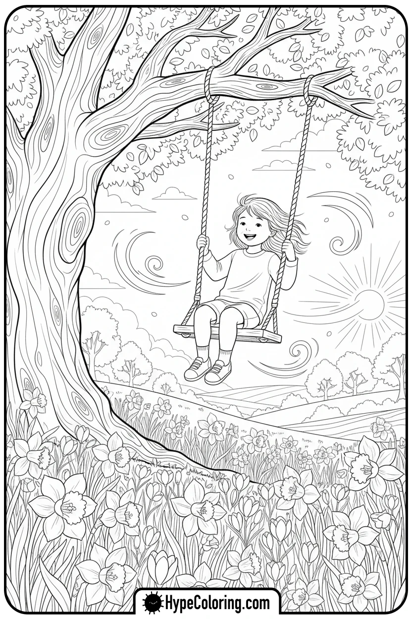 child-on-rope-swing-with-spring-flowers - free spring coloring pages