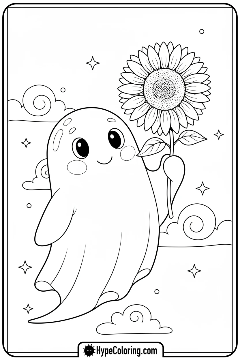 ghost-holding-sunflower - ghost coloring page