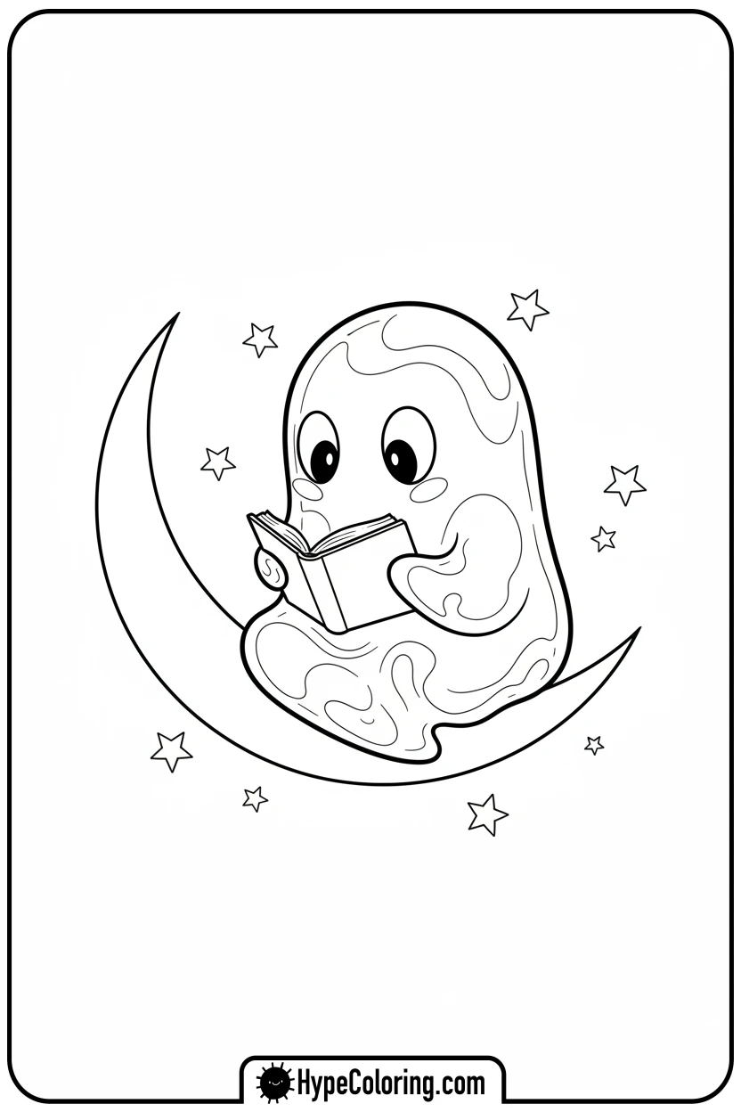 ghost-reading-on-moon - ghost coloring page